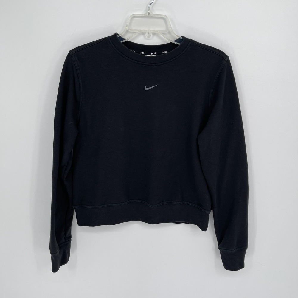 Nike Women's Black French Terry Dri-Fit Swoosh Logo Cropped Sweatshirt Size S